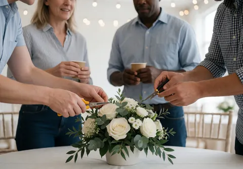 Des personnes taillent des fleurs blanches sur une table pendant qu'autres observent avec des tasses de café.
