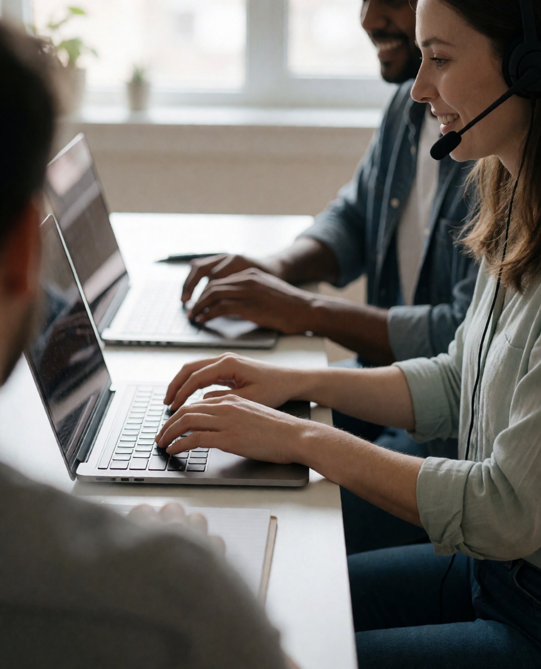Trois personnes travaillant à domicile avec ordinateurs portables et casques pour des appels vidéo, illustrant le télétravail et la collaboration à distance.
