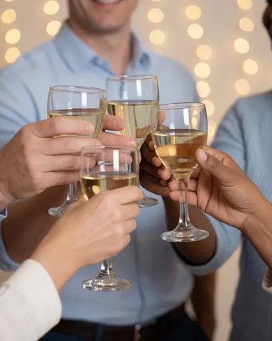 Plusieurs personnes lèvent leurs verres de vin blanc pour un toast lors d'une célébration éclairée par des lumières d'ambiance.