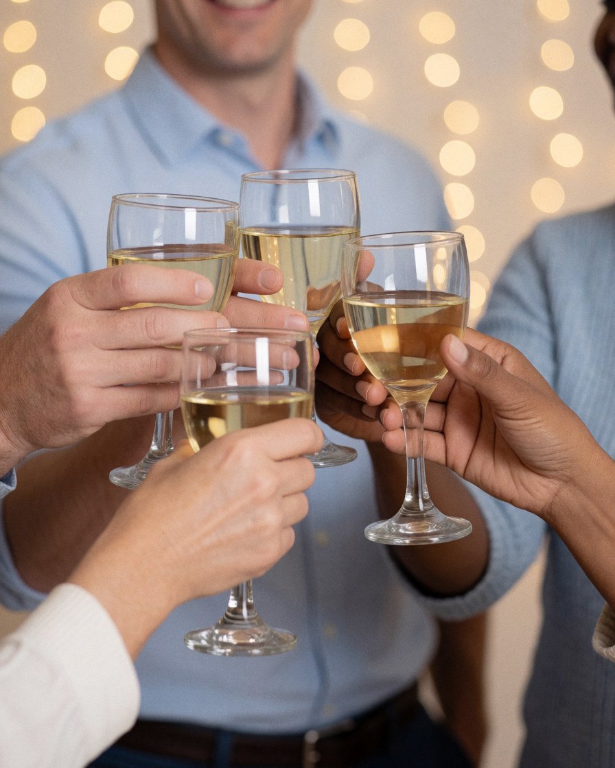 Plusieurs personnes lèvent leurs verres de vin blanc pour un toast lors d'une célébration éclairée par des lumières d'ambiance.