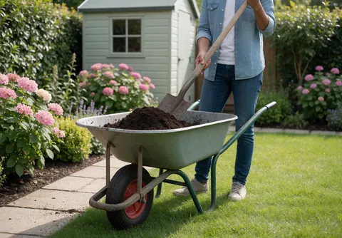 Un homme utilise une pelle pour remplir une brouette de terre dans un jardin fleuri avec du gazon, illustrant le travail paysager.