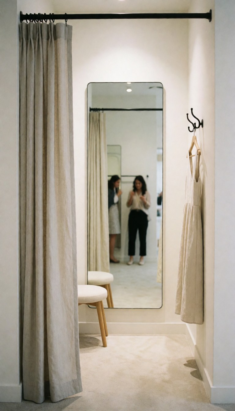 Une femme se regarde dans le miroir pour essayer une robe, accompagnée d'une autre personne, avec des vêtements suspendus et un siège à proximité.