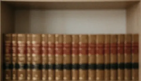 Vue d'une étagère en bois contenant plusieurs ouvrages juridiques professionnels sur fond flou pour texte.