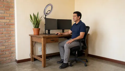 Un homme assis à son bureau avec deux écrans utilise une souris sous un éclairage de studio pour travailler depuis chez lui.