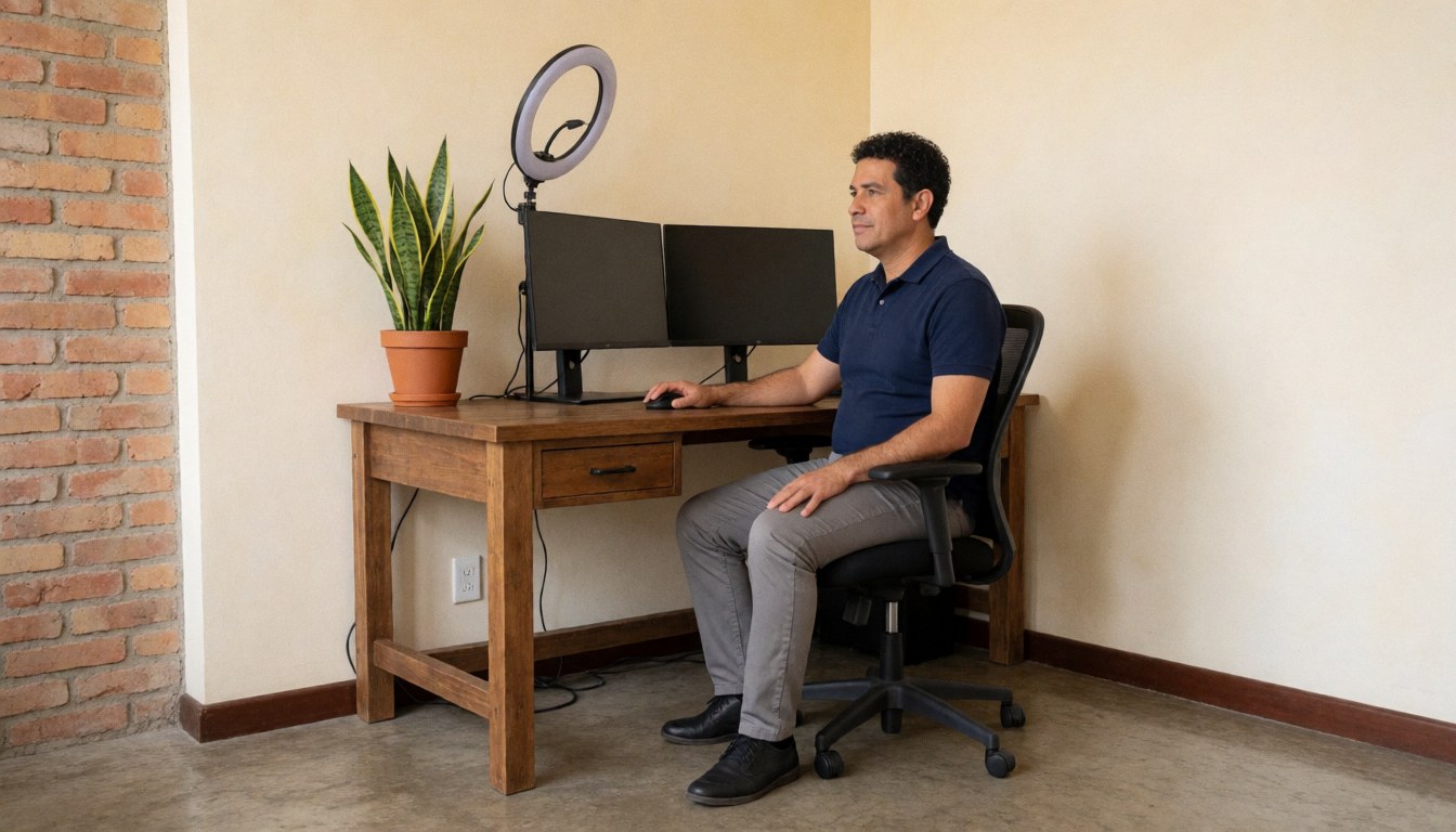 Un homme assis à son bureau avec deux écrans utilise une souris sous un éclairage de studio pour travailler depuis chez lui.