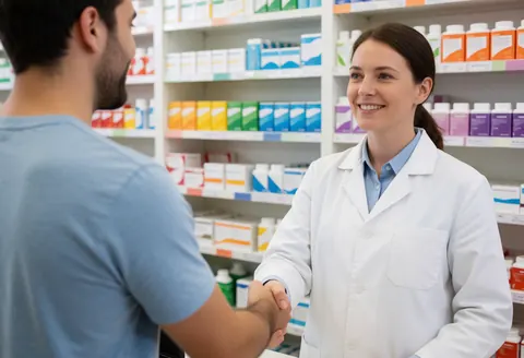 Une pharmacienne sourit en serrant la main d'un client dans une pharmacie avec des étagères de médicaments en arrière-plan.