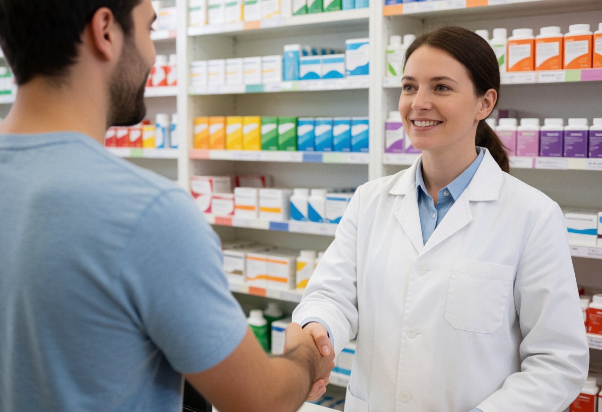 Une pharmacienne sourit en serrant la main d'un client dans une pharmacie avec des étagères de médicaments en arrière-plan.