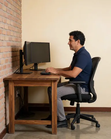 Un jeune homme travaillant sur son ordinateur portable installé sur un bureau à la maison, devant un mur de briques apparentes.