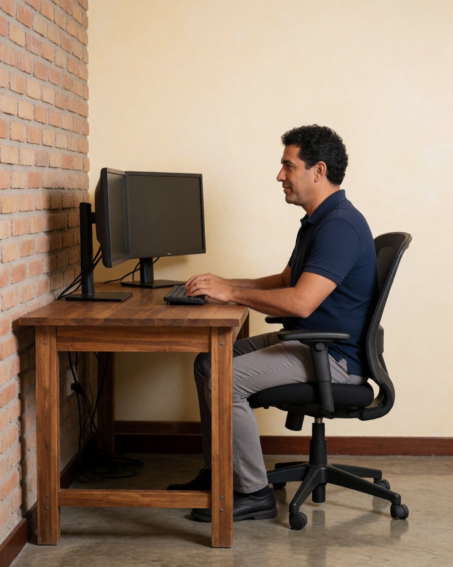 Un jeune homme travaillant sur son ordinateur portable installé sur un bureau à la maison, devant un mur de briques apparentes.