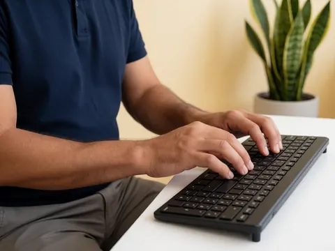 Un homme en chemise bleue tape sur un clavier noir posé sur une table blanche, avec une plante verte en arrière-plan.