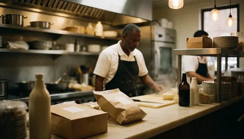 Un chef cuisinier prépare des plats dans une cuisine équipée, avec des boîtes de repas prêtes pour la livraison.