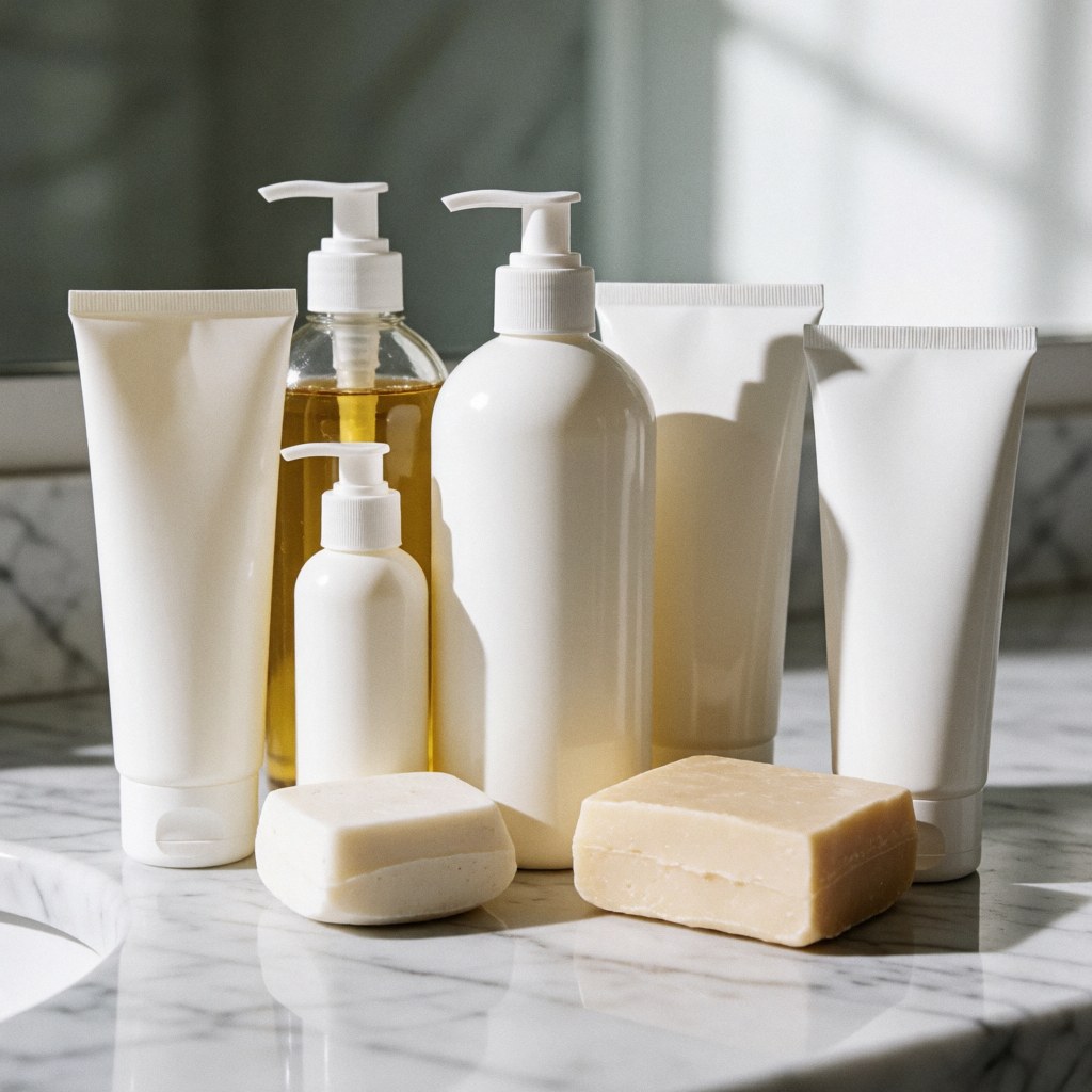 Des produits de bain tels que du savon et des crèmes disposés sur un lavabo en marbre clair dans un environnement luxueux.