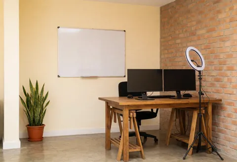 Espace de travail professionnel équipé d'un bureau, de deux moniteurs, d'un tableau blanc et d'un éclairage studio pour la création de contenu éducatif en ligne.