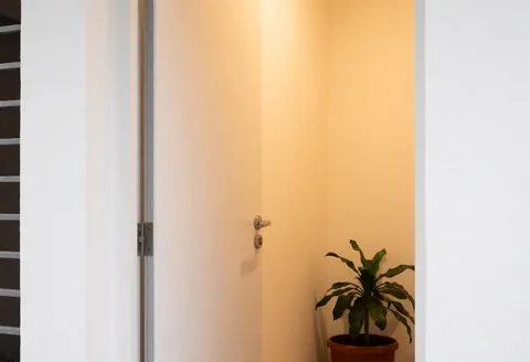 Entrée de bureau avec murs blancs, une porte et une plante en pot.