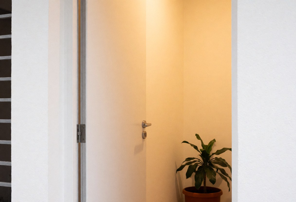 Entrée de bureau avec murs blancs, une porte et une plante en pot.