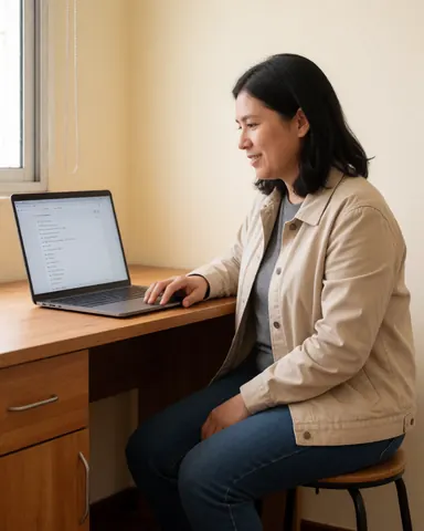 Une femme souriante travaillant sur un ordinateur portable posé sur une table en bois dans un intérieur.