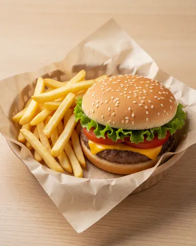 Un hamburger au fromage, tomate et laitue accompagné de frites croustillantes posés dans un panier en papier sur une table en bois.