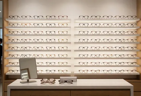 Mur avec étagères éclairées de lunettes en magasin d'optique, comptoir et miroir au premier plan.