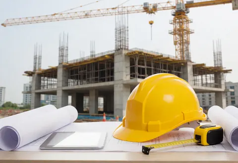 Casque de chantier jaune, plans et outils posés sur une table avec un bâtiment en construction en arrière-plan.