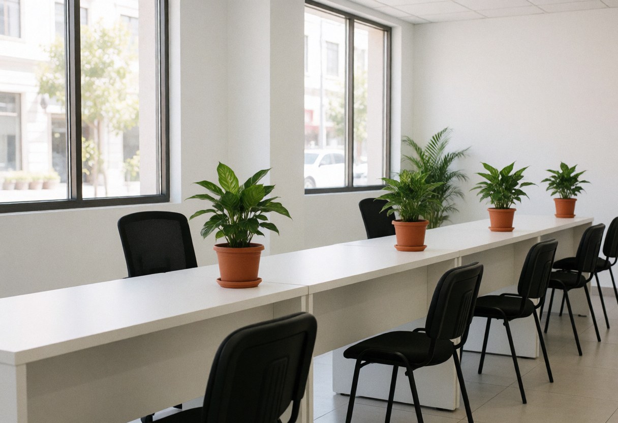 Vue intérieure d'un espace de travail moderne avec tables blanches, chaises noires et plantes en pot, prêt à accueillir les clients.