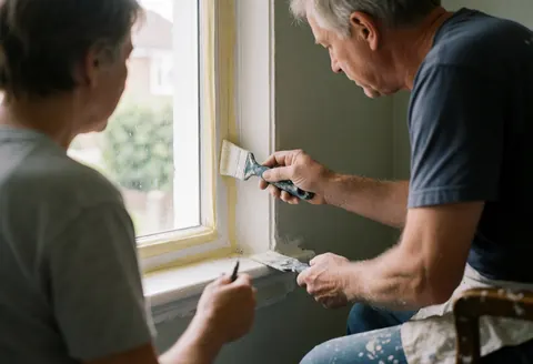 Deux peintres appliquent de la peinture sur un encadrement de fenêtre intérieur à l'aide de pinceaux et d'un rouleau.