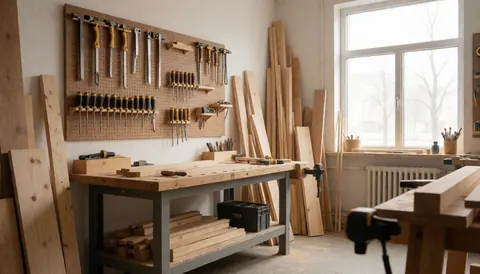 Atelier de menuiserie montrant des planches de bois préparées et divers outils accrochés au mur pour un accès facile.