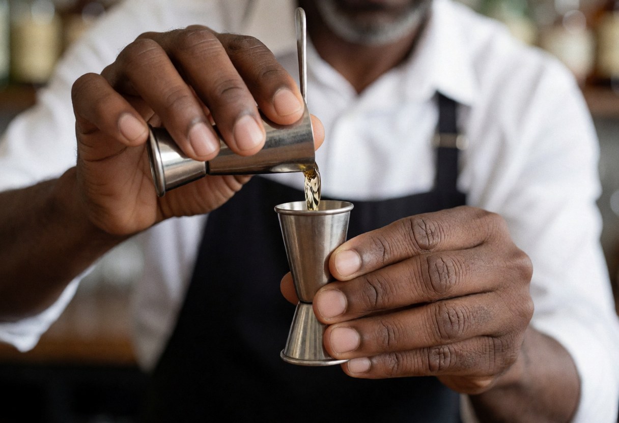 Un barman en chemise blanche verse un liquide doré d'un jigger à un autre dans un bar.