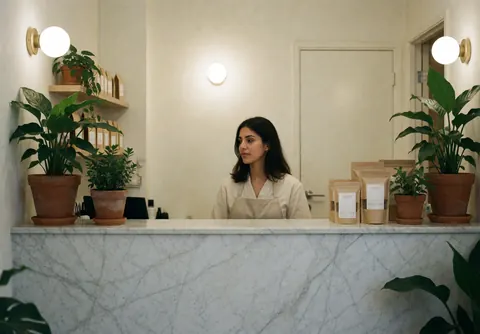 Une femme accueille les clients derrière un comptoir en marbre dans une réception lumineuse, entourée de plantes et de sacs de produits.