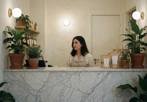 Une femme accueille les clients derrière un comptoir en marbre dans une réception lumineuse, entourée de plantes et de sacs de produits.