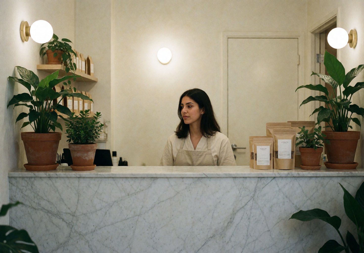 Une femme accueille les clients derrière un comptoir en marbre dans une réception lumineuse, entourée de plantes et de sacs de produits.