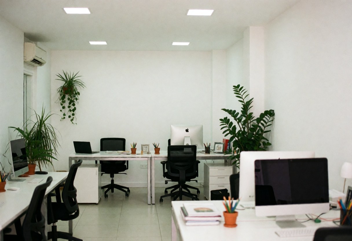 Un bureau moderne équipé de bureaux, d'ordinateurs, de chaises et de plantes vertes dans un environnement propre et minimaliste.