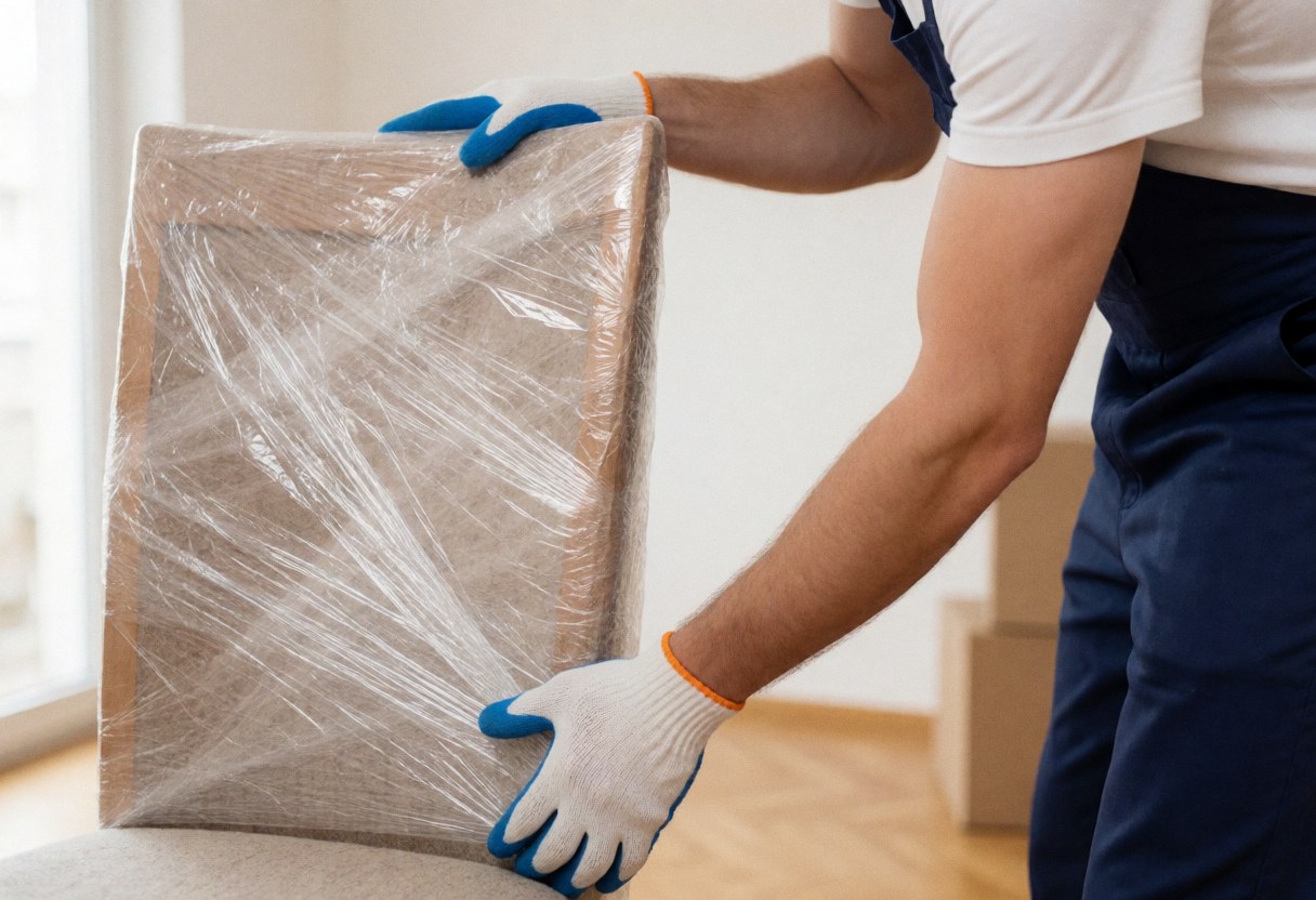 Un homme portant des gants bleus tient une chaise enveloppée de plastique transparent en vue de son transport.