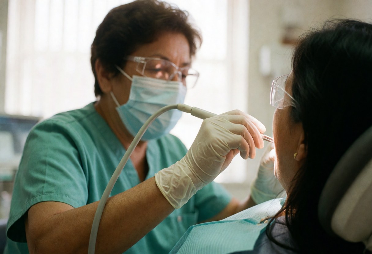 Une dentiste équipée d'un masque et de gants examine une patiente assise sur une chaise dentaire dans un cabinet médical.