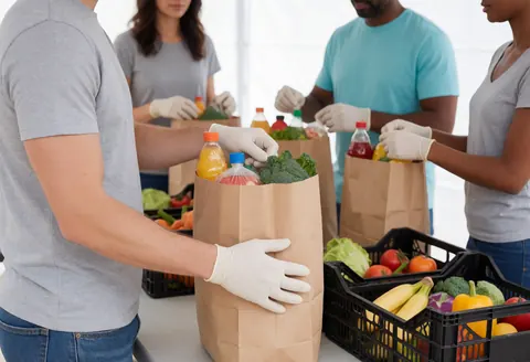 Des volontaires portant des gants emballent de la nourriture dans des sacs en papier devant des caisses remplies de fruits et légumes frais.