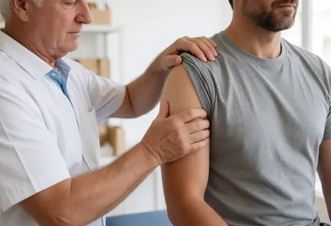 Un thérapeute en blouse blanche effectue une manipulation sur l'épaule d'un patient portant un t-shirt gris lors d'une séance de kinésithérapie.