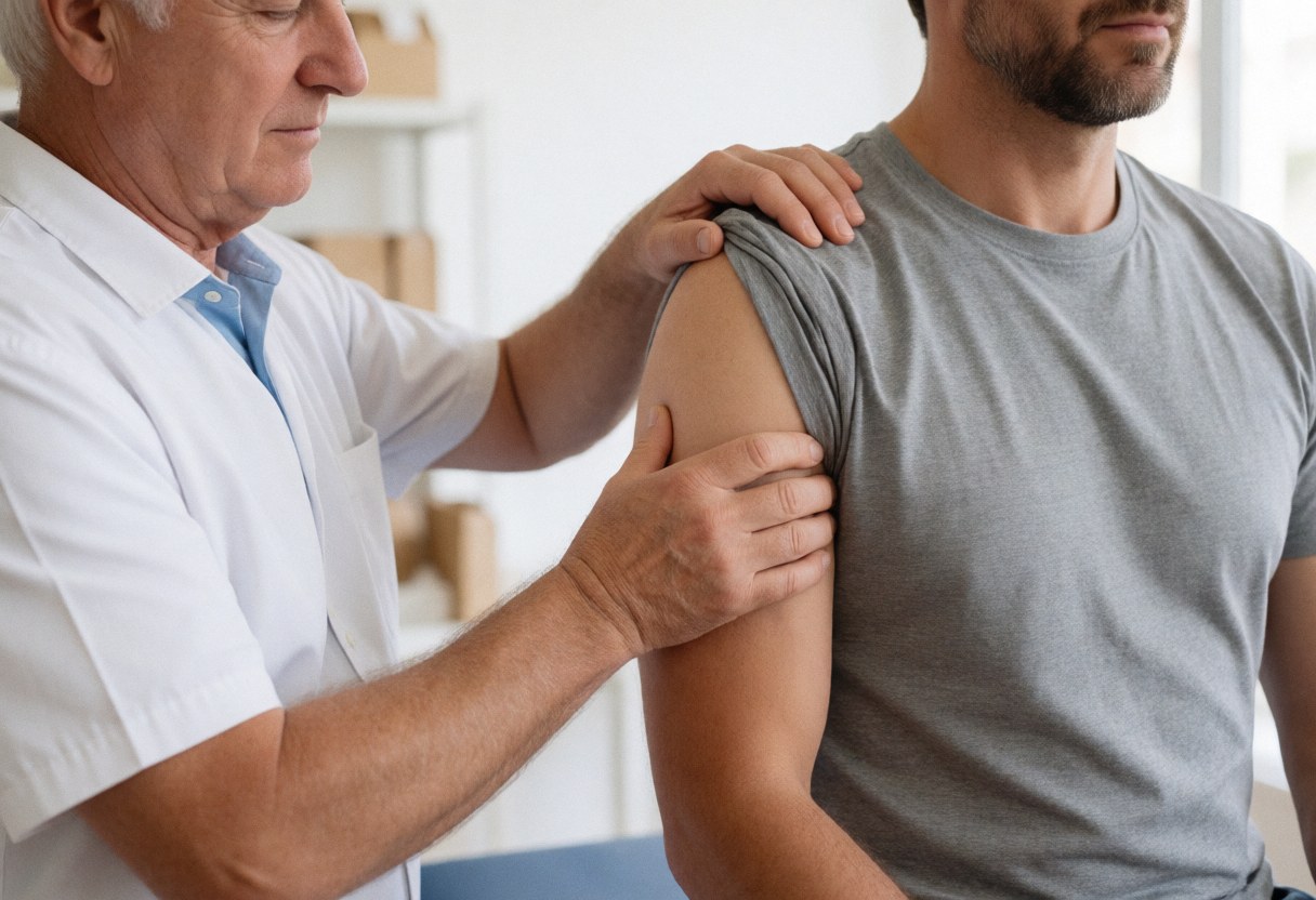 Un thérapeute en blouse blanche effectue une manipulation sur l'épaule d'un patient portant un t-shirt gris lors d'une séance de kinésithérapie.