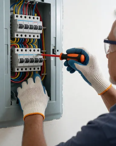 Un électricien portant des gants et des lunettes ajuste des câbles sur un panneau électrique avec des interrupteurs.