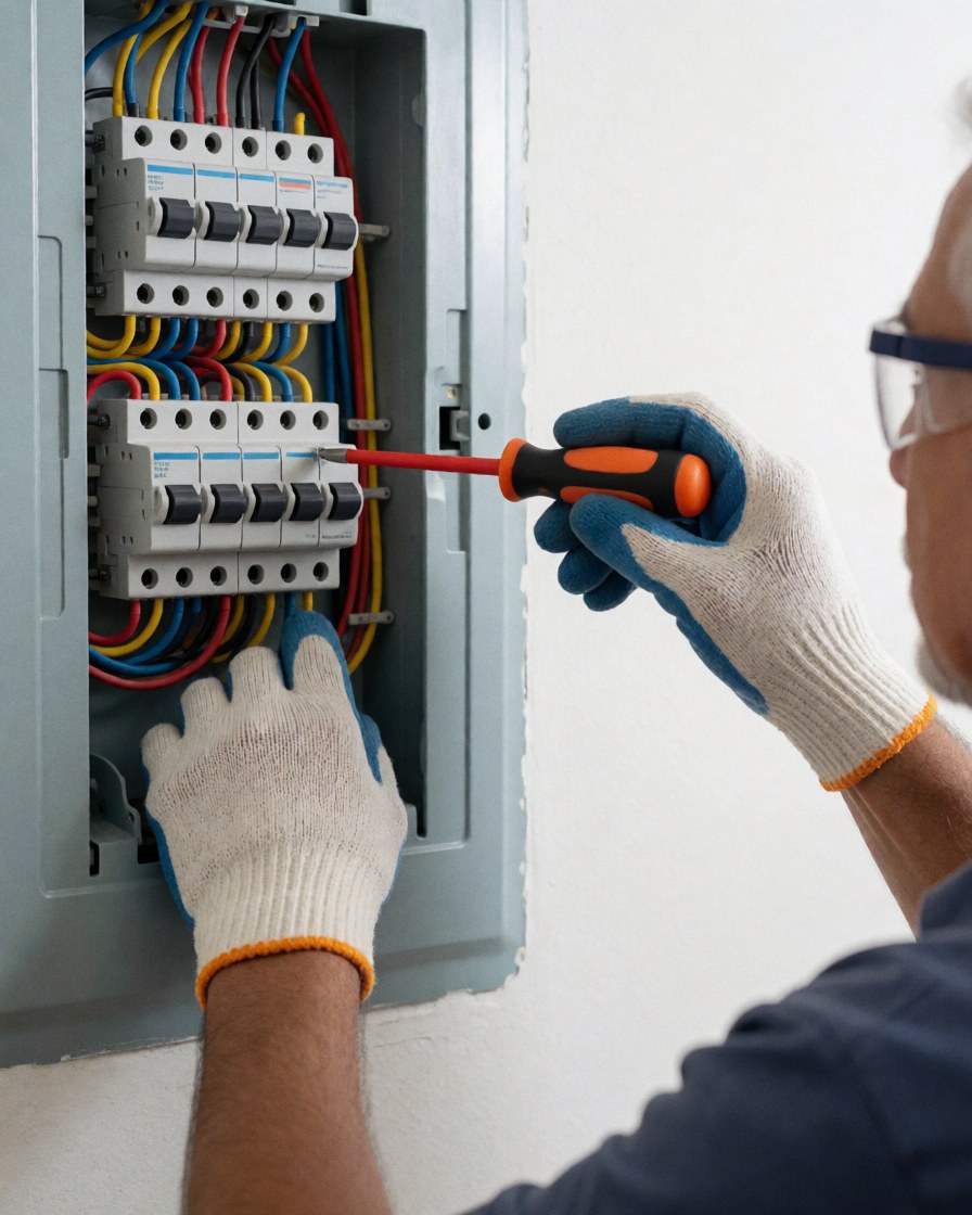 Un électricien portant des gants et des lunettes ajuste des câbles sur un panneau électrique avec des interrupteurs.