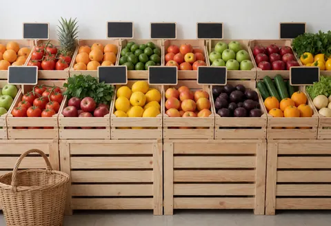 Des fruits et légumes frais disposés dans des caisses en bois au sein d'un minimarché, avec un panier en osier visible sur le côté gauche.