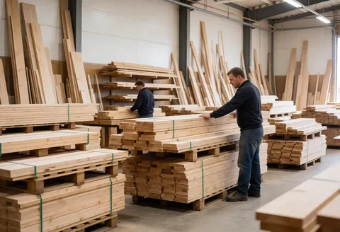 Deux charpentiers rangent des planches de bois sur des palettes dans un entrepôt de menuiserie.