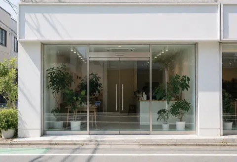 Façade moderne d'un bureau avec de grandes baies vitrées, des portes en verre et des plantes dans des pots blancs.