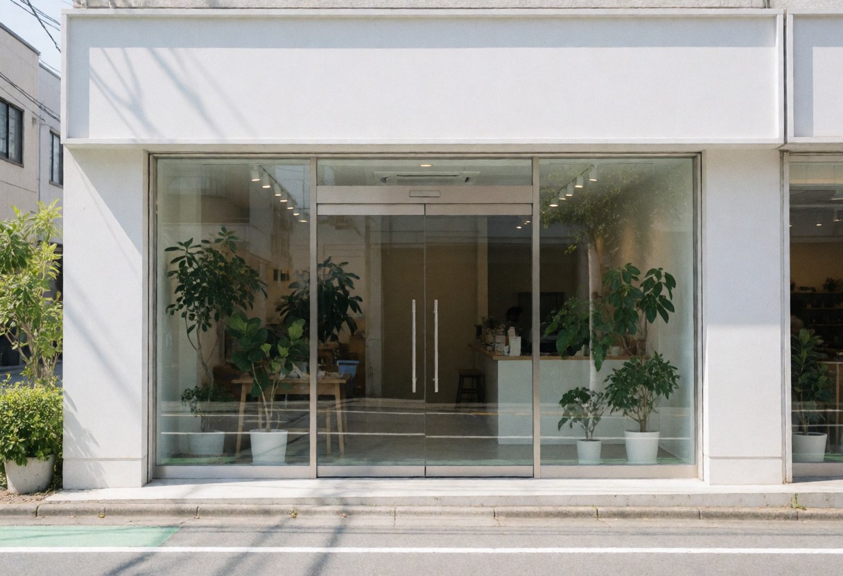 Façade moderne d'un bureau avec de grandes baies vitrées, des portes en verre et des plantes dans des pots blancs.