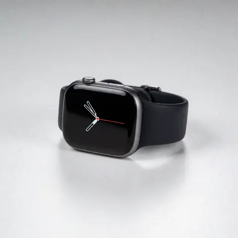 Smartwatch noir avec bracelet en silicone posé sur un fond blanc uni en studio pour présentation de produit.