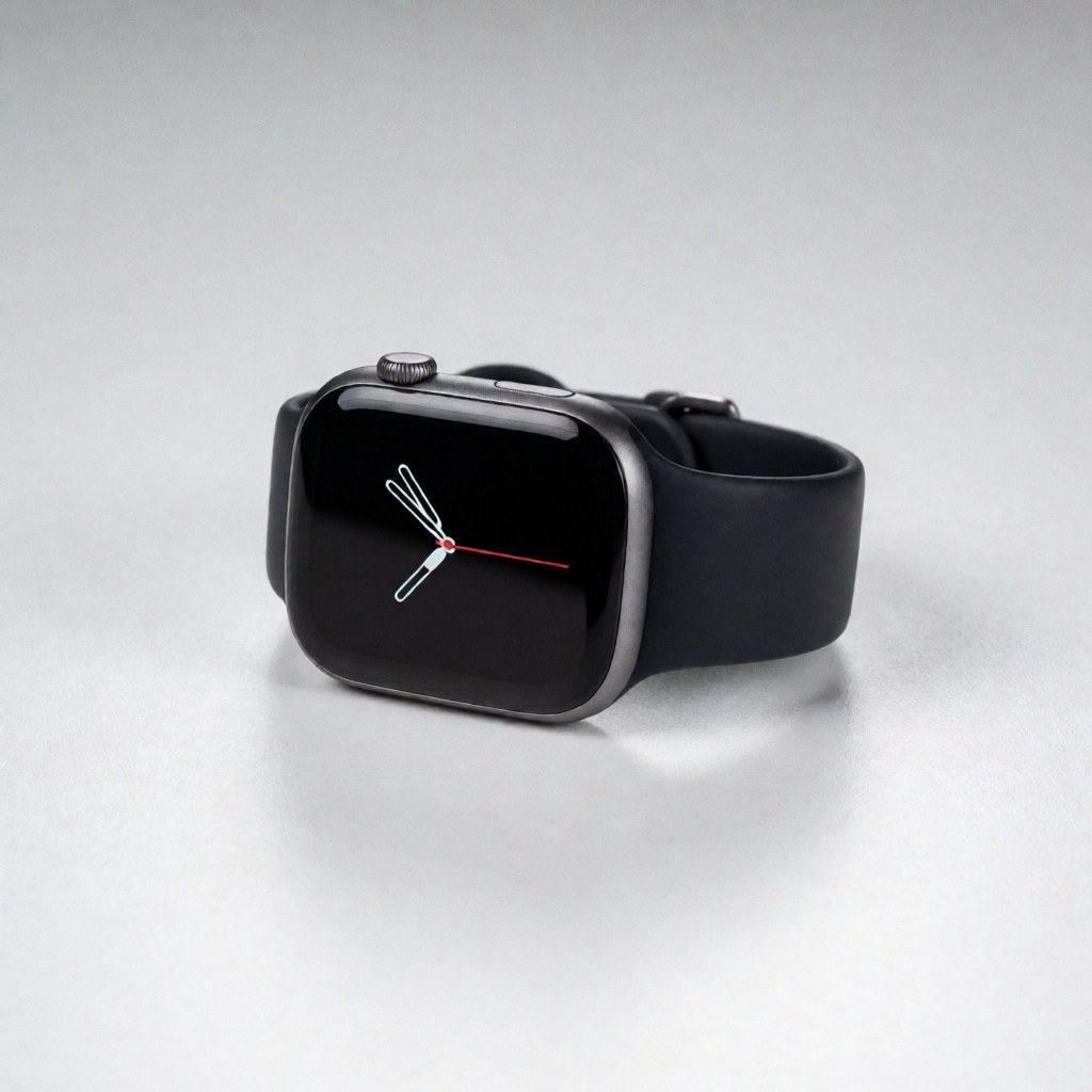 Smartwatch noir avec bracelet en silicone posé sur un fond blanc uni en studio pour présentation de produit.