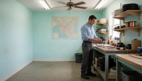 Un jeune électricien manipule des câbles électriques dans un atelier équipé d'étagères et d'outils professionnels.