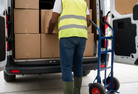 Un homme portant un gilet de sécurité charge des boîtes avec une chariot élévateur sur le côté d'un véhicule utilitaire blanc.
