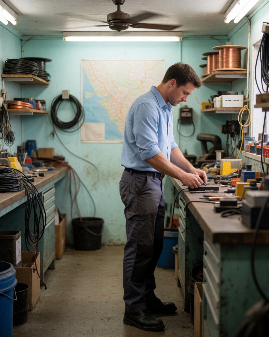 Un électricien en chemise bleue examine des câbles électriques sur une table de travail dans un atelier, entouré d'outils.