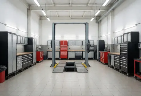 Atelier moderne et rangé avec élévateur pour véhicules, armoires à outils et murs blancs.