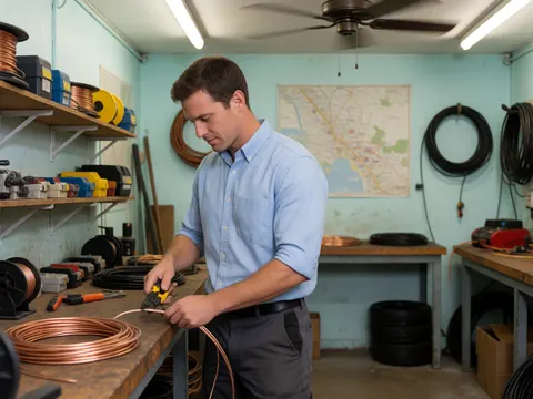 Un électricien professionnel utilise un outil pour couper un fil de cuivre dans un atelier rempli d'étagères et de matériaux.