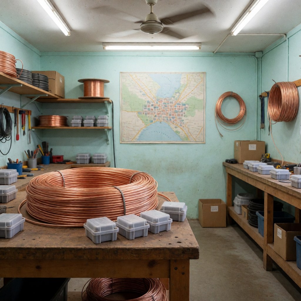 Vue d'un atelier d'électricien montrant des bobines de câble en cuivre et des boîtes en plastique disposées sur une table de travail.